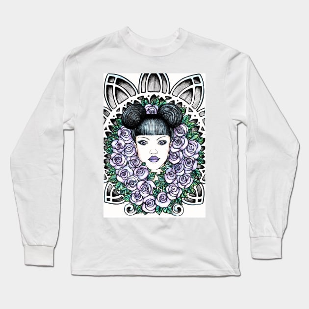 Purple Gothic Beauty In Roses Chruch Windows Long Sleeve T-Shirt by stickypixie